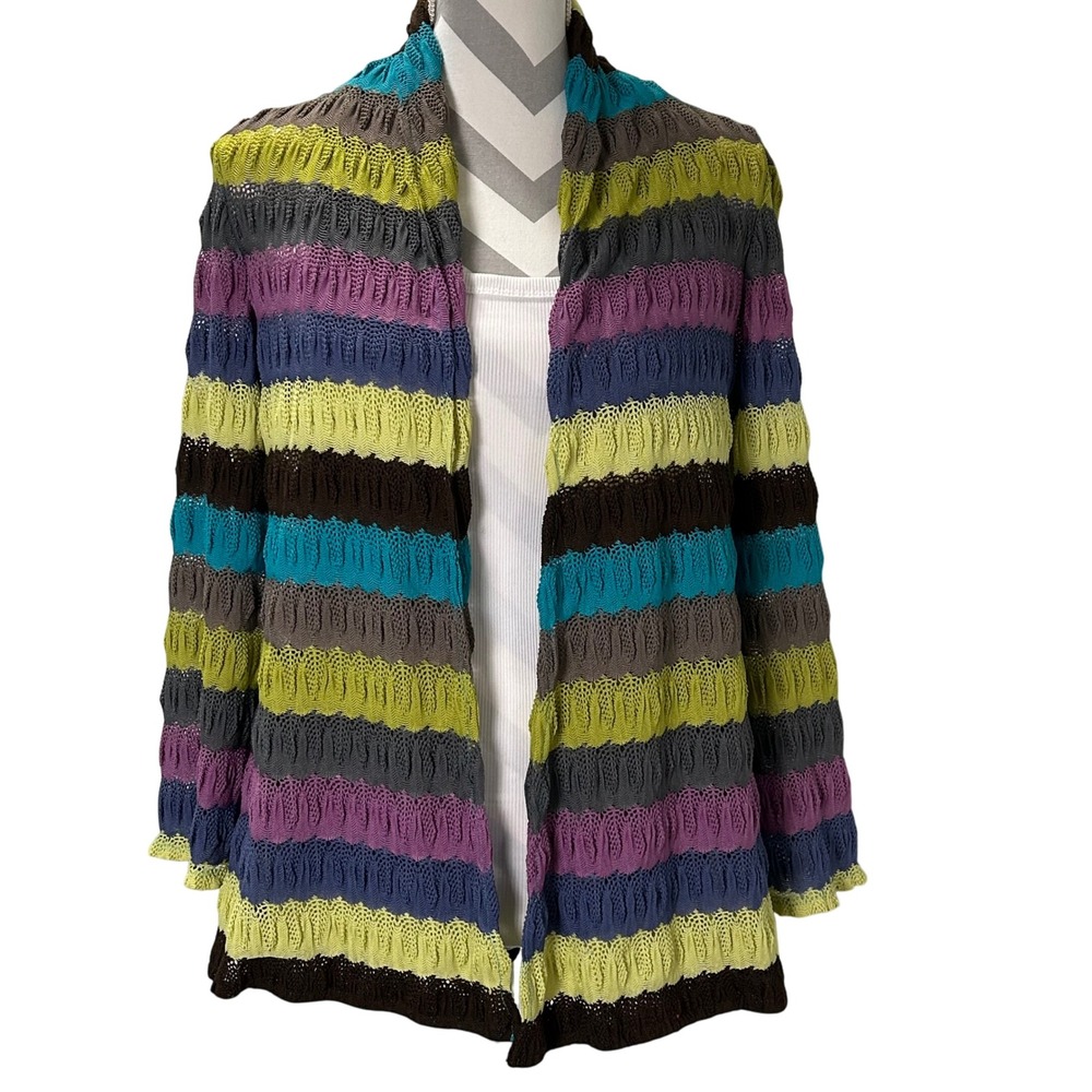 Peck & Peck Multi Color Striped Open Front Crochet Cardigan Sweater Women 6